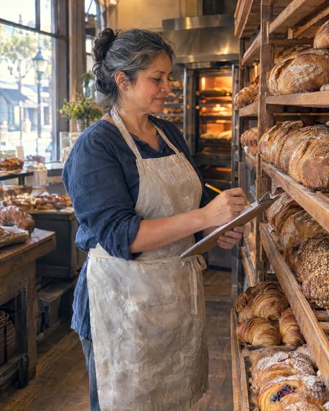 A person counts stock on a bakery’s shelves early in the morning.