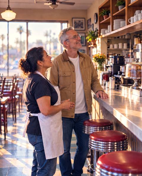 Two people talk in a small diner before it opens.