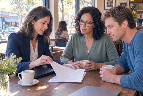 Three people look over printed numbers at a café table.