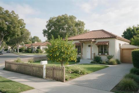 A single-story house with a tile roof, a lemon tree and a picket fence.