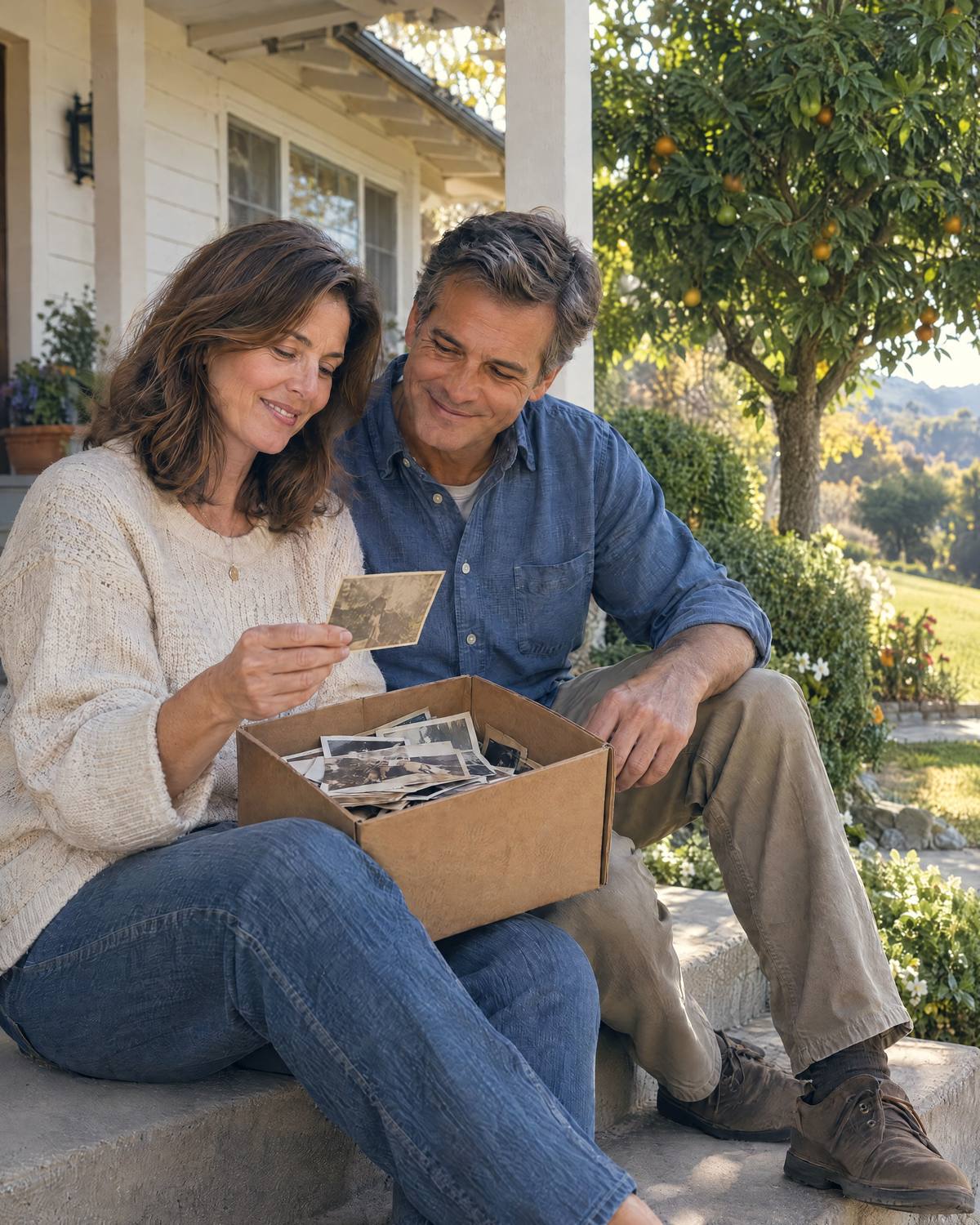 A brother and sister sit on the porch of their parent’s ranch home with a box of old photos, an orange tree in the yard.