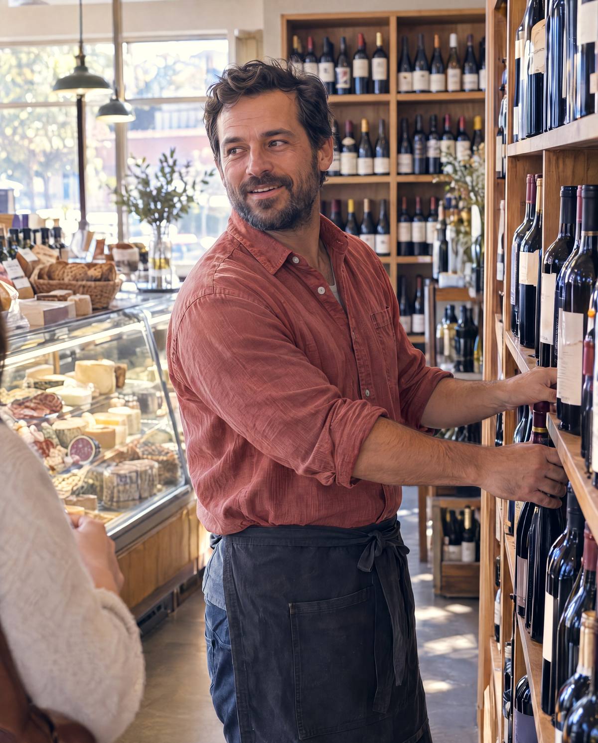 The owner of a small wine and deli shop restocks a shelf in daylight.