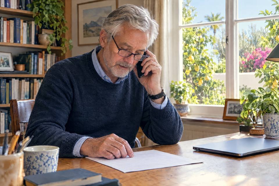A man on the phone at a desk at home, with a printed page in front of him.